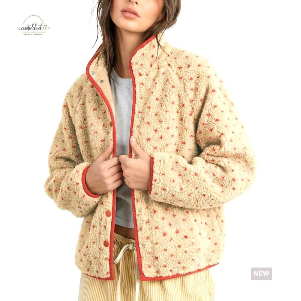 Slouchy Fleece Puffer Jacket Long Sleeve Button Down High Neck Polka Dot